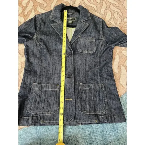 EDDIE BAUER Women's Y2K-Style Dark Denim Fitted Stretch Jean Jacket Sz M Tall - Picture 11 of 12